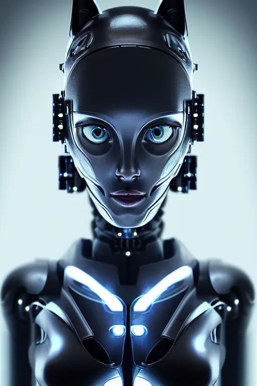 Image similar to cybernetic high tech female android with cat on her head, sci - fi, cyberpunk, futurism, exoskeleton, robotic, symmetry, cinematic, elegant, professional studio light, perfect composition, dlsr photography, sharp focus, 8 k, ultra hd, sense of awe, highly detailed, hyper realistic, intricate, science journal cover