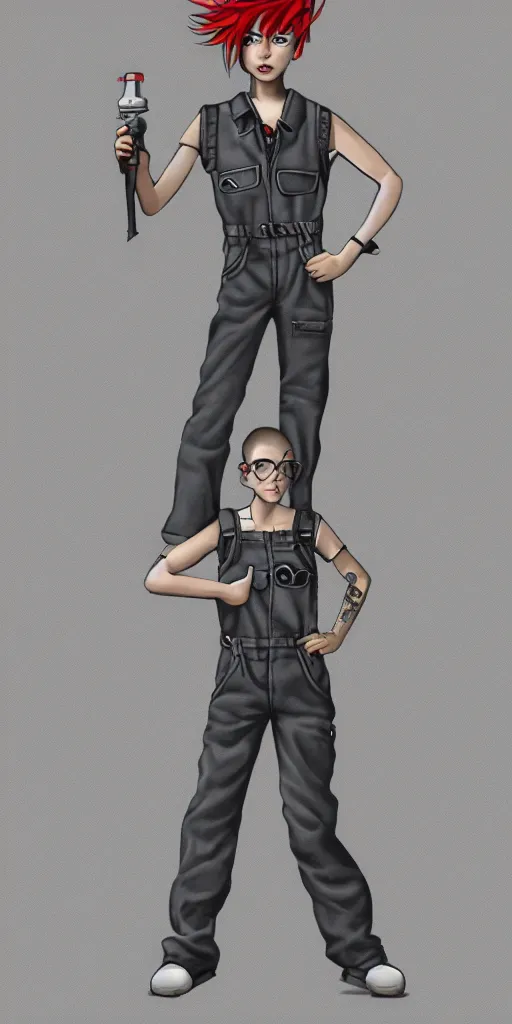 Image similar to an androgynous punk girl with short hair who is a mechanic wearing overalls, grey background, illustration, character concept design, trending on artstation