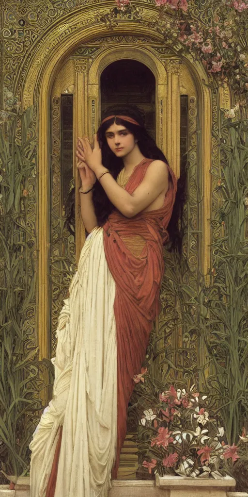 Image similar to at the gate of the temple by john william godward painted by alphonse mucha