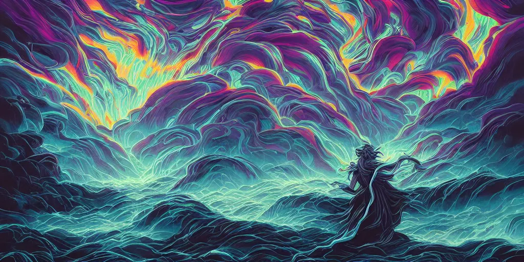 Image similar to artwork, masterpiece of from Dan Mumford collection ::La Chroma:: with a mage invoking divine gods while there's a storm and lightings, trending on ArtStation, art by Dan Mumford and details by artgerm