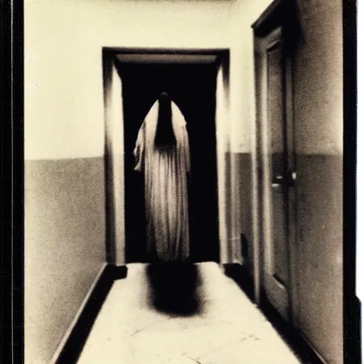 Prompt: A creepy polaroid photo of Jesus chasing you down a hallway