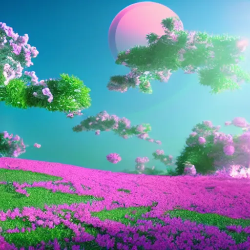 Prompt: hd futuristic blissful idyllic landscape full of cgi flowers and blossoms blooming under a false bright pink sun, hd, hyperrealistic, hyper detailed