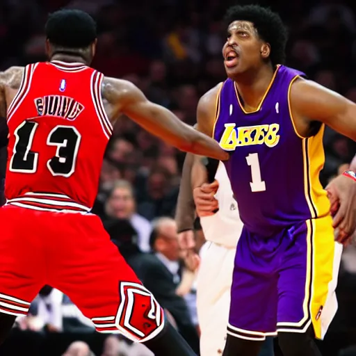 Prompt: a basket ball game between chicago bulls and la lakers