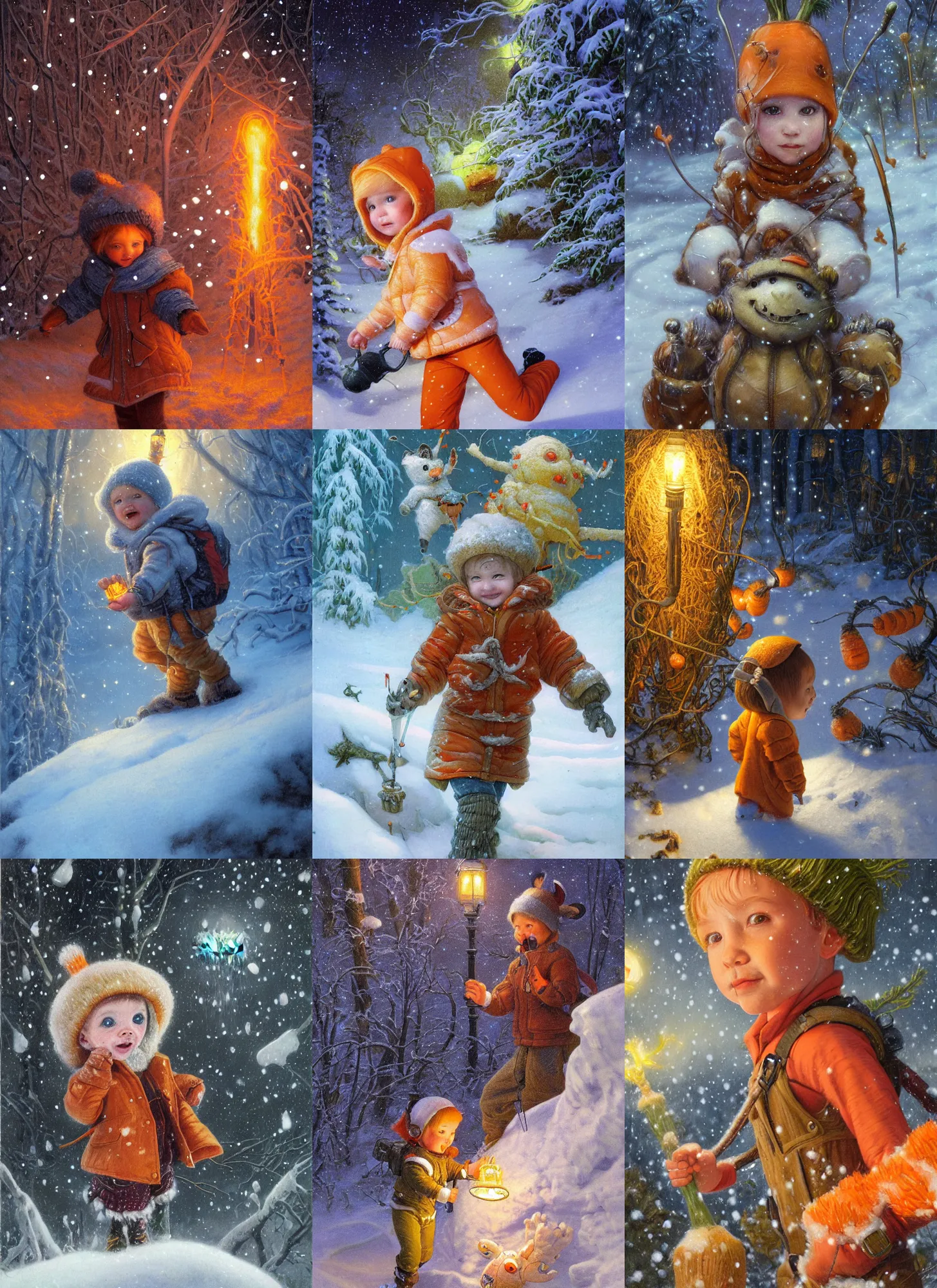 Prompt: close-up portrait of little carrot wearing a little backpack dancing through the snow, winter scene fantasy, fireflies, torch light, scary creatures in background, intricate, elegant, highly detailed, centered, smooth, sharp focus, Donato Giancola, Joseph Christian Leyendecker, WLOP, Boris Vallejo, Artgerm