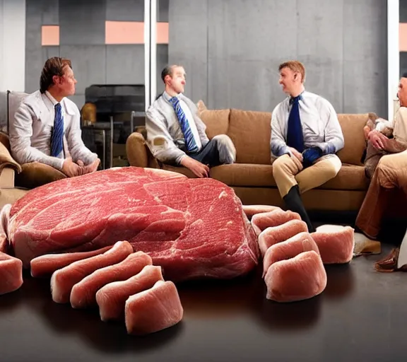 Image similar to realistic photograph of couch made out of meat, business men sitting on couch of meat and talking,