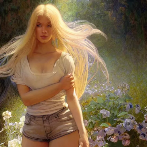 Image similar to A young woman with blonde long hair and bangs in shorts and white shirt drawn by Donato Giancola and Jon Foster, frank frazetta, alphonse mucha, background by James Jean and gustav klimt, 4k, volumetric lighting, french nouveau, trending on artstation, octane render, hyperrealistic but with the face of Walter white