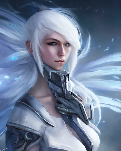 Image similar to perfect white haired girl, warframe armor, beautiful, pretty face, blue eyes, detailed, windy weather, scifi, platform, laboratory, experiment, 4 k, ultra realistic, epic lighting, high detail, masterpiece, by akihito tsukushi, charlie bowater, ross tran