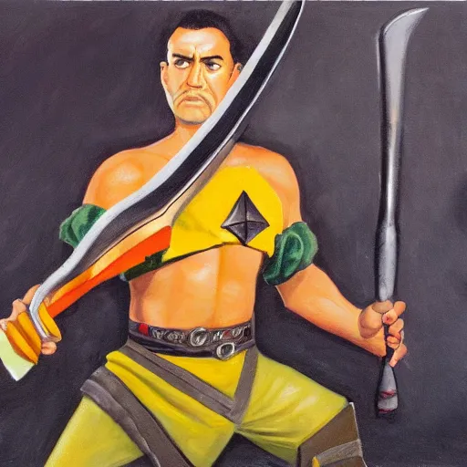 Prompt: Oil painting of a Klingon warrior wielding a Bat'Leth.