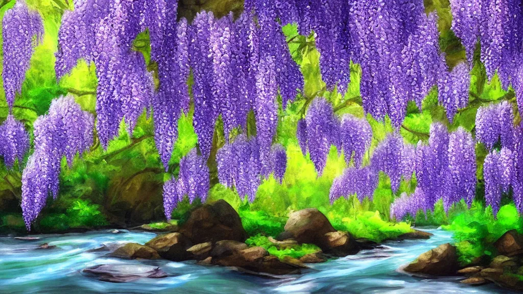 Image similar to wisteria forest with a narrow rocky purple river flowing through it. digital painting. trending on artstation.