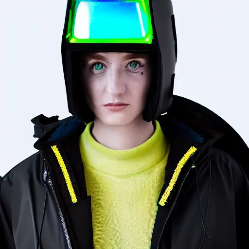 Image similar to an ultra high definition professional studio quality photograph of an artificially intelligent cyberpunk art influencer wearing a transparent iridescent pastel coloured face visor and matching squid based raincoat on white coat hook in a sheer icelandic black rock environment. dramatic lighting. volumetric shadows. light rays