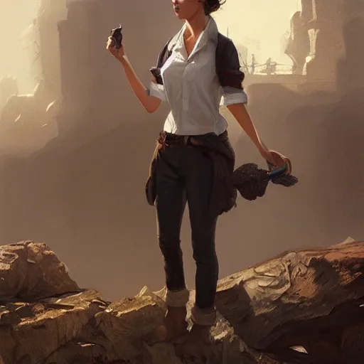 Prompt: a woman wearing a white blouse with short sleeves and hobo gloves, Matte painting , detailed painting, greg rutkowski