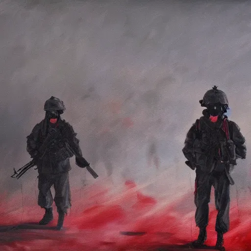 Prompt: end of war, red flags, dark, dark colors, 3 soldiers, foggy scene, oil painting, japan