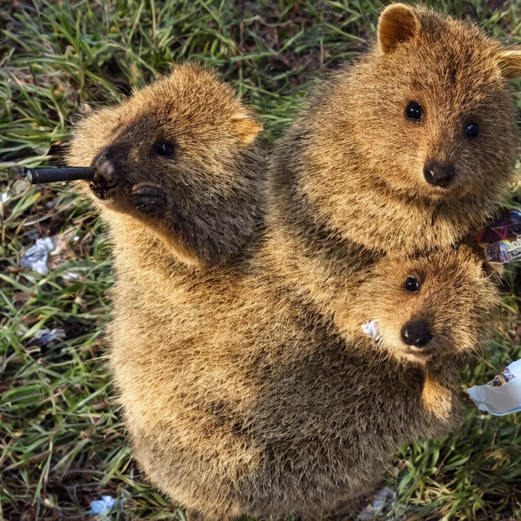 Image similar to happy quokka taking a smoking a joint and eating candy, golden hour, ultra realistic