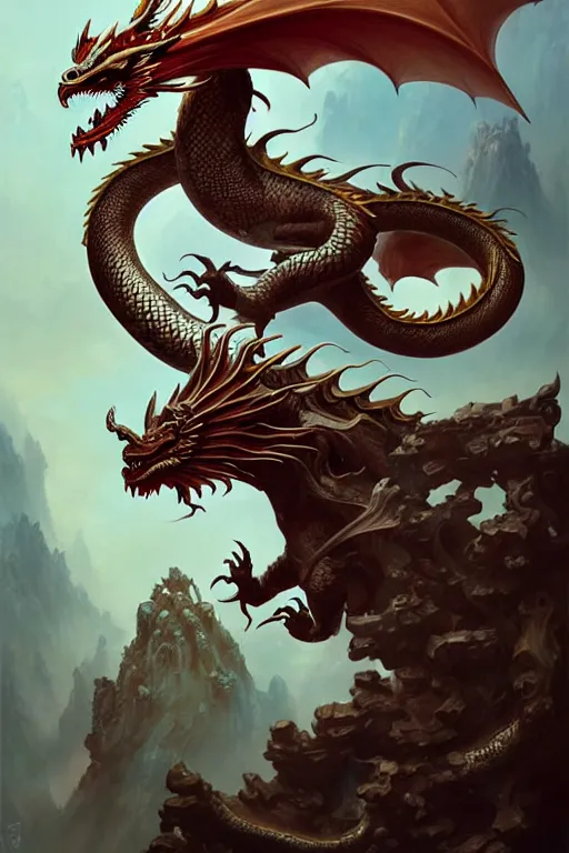 Prompt: the complete dragon has a chinese dragon head, snake body, and eagle claws. the center of the picture hybrid fantasy, intricate, elegant, highly detailed, digital painting, artstation, concept art, matte, sharp focus, illustration by peter mohrbacher justin gerard zhang yu