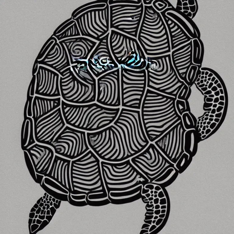 Image similar to simple yet detailed illustration of a warana sea turtle, use of negative space mandatory, artwork created by Mike Mignola and Banksy in the style of a cartoon and tattoo stencil, black ink illustration,no shadings, black on white only, smooth curves