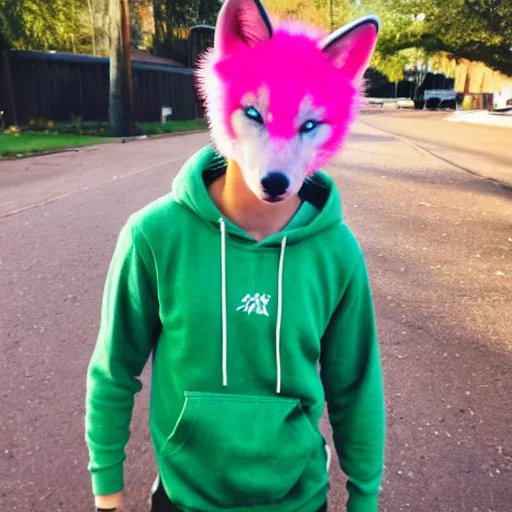 Image similar to cute young man with pink hair and pink wolf ears wearing a collar and a green hoodie