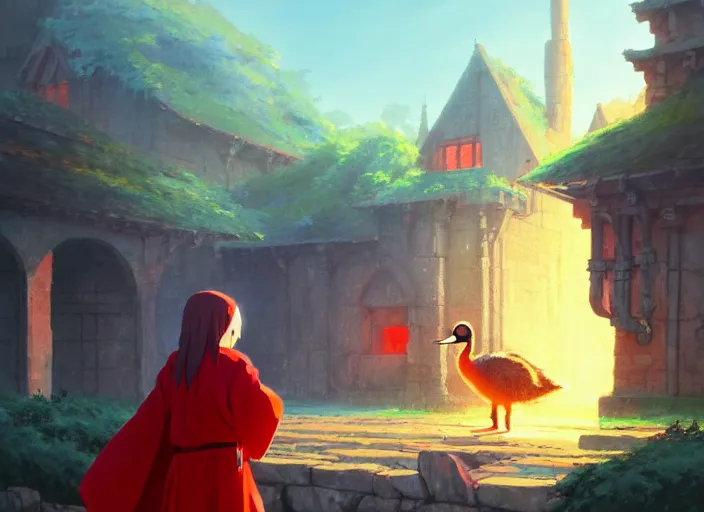 Image similar to cute fluffy mallard duck wearing red cultist robe, sacrificial altar in background, details, fantasy, epic, ancient city, landscape illustration concept art anime key visual trending pixiv fanbox by wlop and greg rutkowski and makoto shinkai and studio ghibli and kyoto animation symmetrical facial features