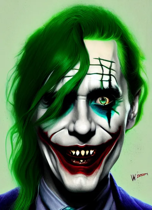 Image similar to portrait of jared leto as the joker, green hair, intricate, elegant, glowing lights, highly detailed, digital painting, artstation, concept art, sharp focus, illustration, art by wlop, mars ravelo and greg rutkowski