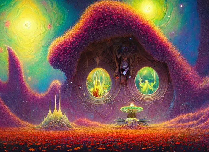 Image similar to a beautiful painting of a large alien shrine shrouded by mystic nebula magic in a field of flowers by moebius and android jones, oil on canvas sharp, details, hyper - detailed, hd, hdr, 4 k, 8 k