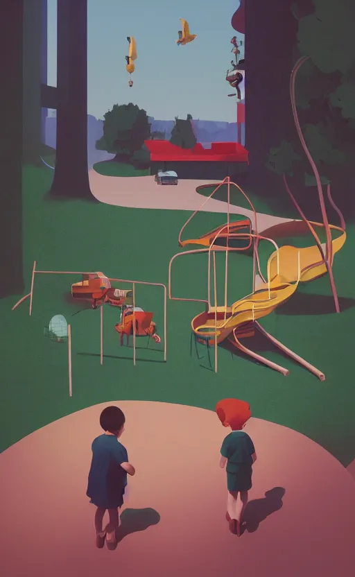 Image similar to children playground, surreal illustration, by atey ghailan and escher and edward hopper