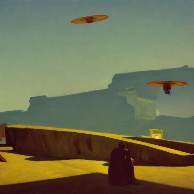 Prompt: Lush Painting of Alien Spacecraft landing in Ancient Greece, oil painting by Edward Hopper Cinematic lighting