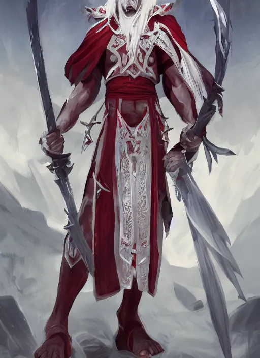 Image similar to a highly detailed illustration of white haired african priest, wearing cross on robe, wielding red blades made of blood, evil standing smiling pose, muscular, intricate, elegant, highly detailed, centered, digital painting, artstation, concept art, smooth, sharp focus, league of legends concept art, WLOP