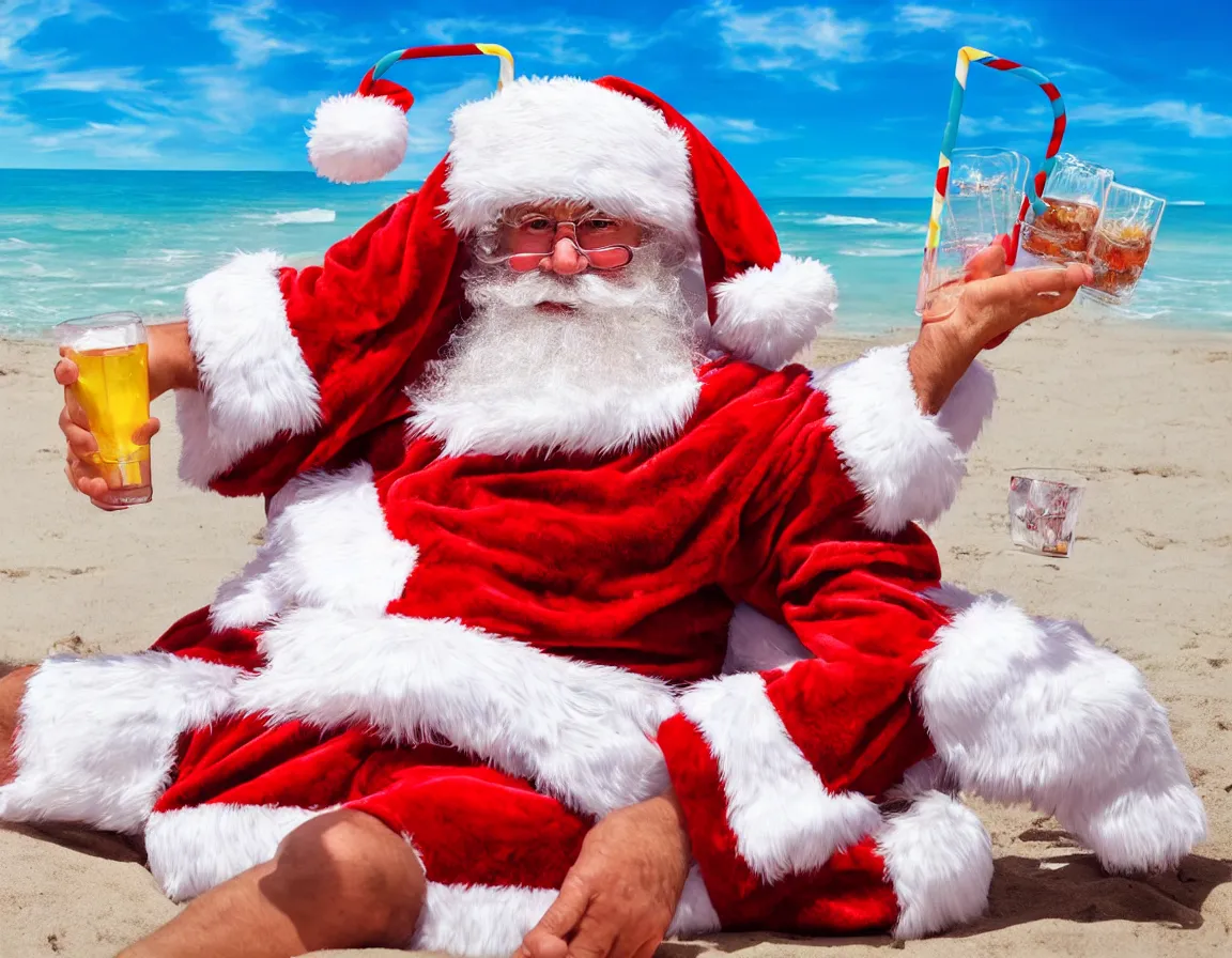 Prompt: phot of santa claus sunbathing on the beach, sipping soda from glass using straw, hd, hdr, ultra detailed, high resolution