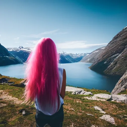 Prompt: a young woman with long pink hair, face front facing forward for a selfie, hiking clothes, tank top, norway, fjords in background, cinematic, beautiful, stunning, day time, epic, 8 k, 1 6 : 9