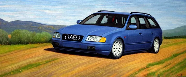 Image similar to Denim Blue Audi A4 B6 Avant (2002) landscape painting in the style of 19th century Hudson River School art