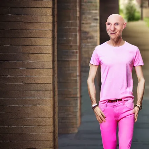 Image similar to bald skinny man in a pink t - shirt and pink pants, photo realistic