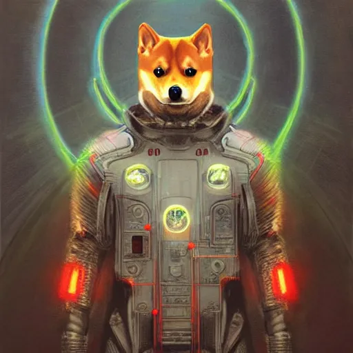 Image similar to tesla power armor realistic cyborg anthropomorphic shiba inu scifi kirlian photography electric field glowing, cyberpunk, portrait art by donato giancola and greg rutkowski, realistic face, glowing in tesla electricity visible magnetic field, digital art, trending on artstation, symmetry