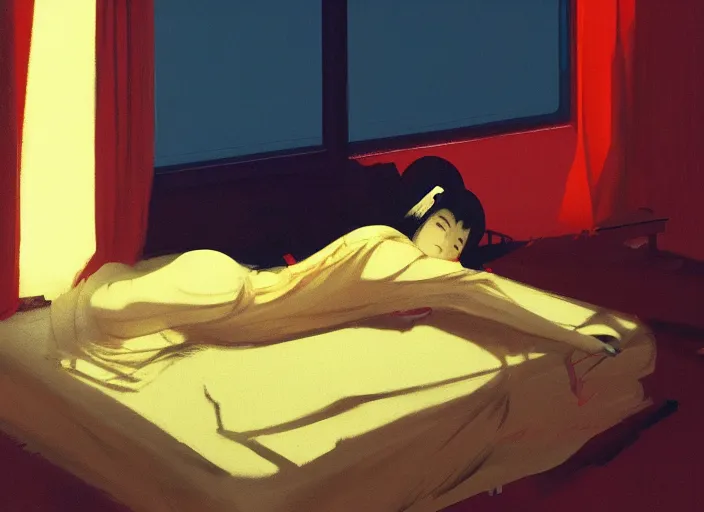 Image similar to famous japanese actress girl seeing the shadow of her desires on the bed of abandoned nightmare house with a light from a window creating dreams, style of James Jean, Edward Hopper, Francis Bacon, colors of Mark Rothko, Frank Auerbach, trending on artstation, Greg Rutkowski, dark atmosphere