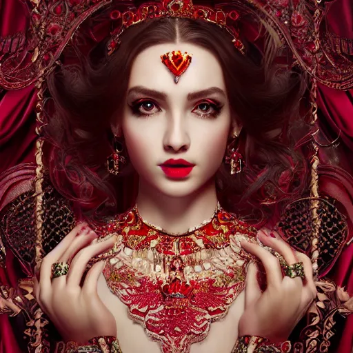 Image similar to wonderful princess with smooth fair skin, alluring eyes, red eyeshadow, red jewelry, breathtaking, elegant, intricate, ornate backdrop, hyper detailed, accent lighting, 4 k photography, octane render