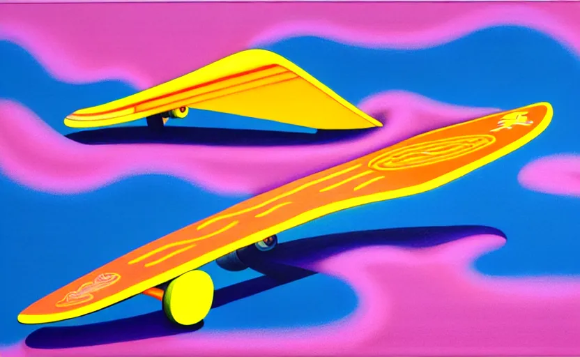 Prompt: flying skate boards by shusei nagaoka, kaws, david rudnick, airbrush on canvas, pastell colours, cell shaded!!!, 8 k