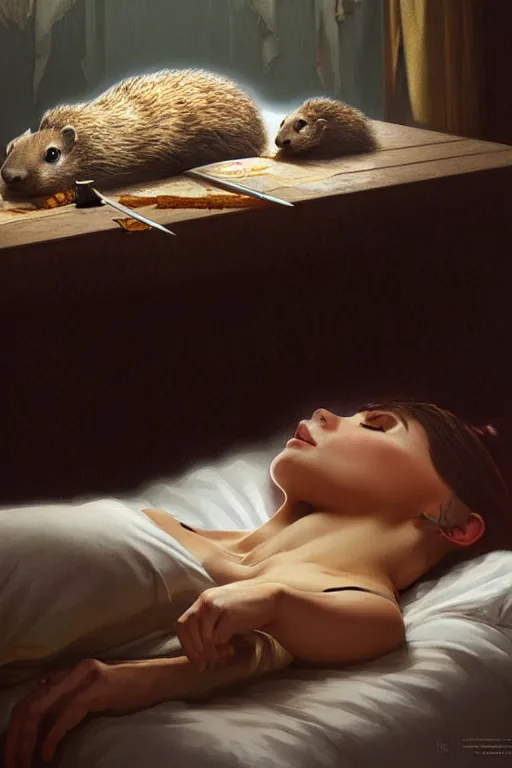 Image similar to groundhog cooking heroin lies on the bed, realistic portrait, highly detailed, digital painting, artstation, concept art, smooth, sharp focus, illustration, cinematic lighting, art by artgerm and greg rutkowski and alphonse mucha