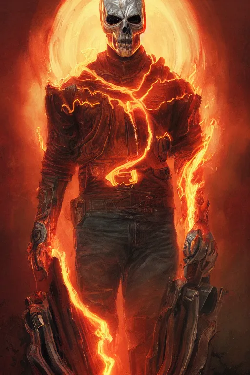 Image similar to Portrait of Ryan Gosling as Ghost Rider, half human face, marvel, dark, intricate, highly detailed, smooth, artstation, digital illustration by Ruan Jia and Mandy Jurgens and Artgerm and Wayne Barlowe and Greg Rutkowski and Zdislav Beksinski