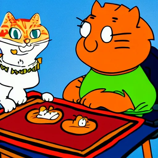 Image similar to fat orange tabby cat next to curly haired man and lasagna on table, by jim davis, garfield comic strip