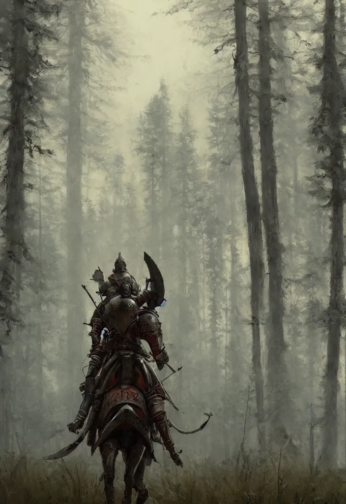 Image similar to a knight in armor standing in a dense burning forest, artstation, jakub rozalski, high detail