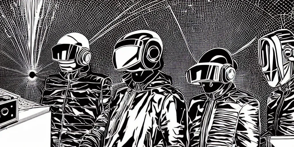 Image similar to intricate detailed artwork of Daft Punk using dj controller at an underground warehouse rave in Ibiza playing techno house music, thousands beautiful gorgeous girls dancing in bikini, in the style of Moebius, wires, speakers, black and white ink, some ink drips