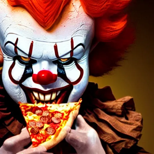 Image similar to A still of Pennywise eating a pizza, 4k, photograph, ultra realistic, highly detailed, studio lighting