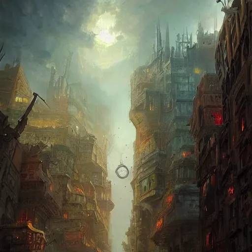 Image similar to a painting of a city floating in the air, a matte painting by marc simonetti, deviantart, fantasy art, apocalypse landscape, matte painting, apocalypse art