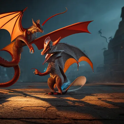 Prompt: cartoon mice fighting a dragon, 8K, octane render, unreal engine, dramatic lighting, cinematic, establishing shot, extremely high detail, foto realistic, cinematic lighting, post processed, concept art, high details, cinematic, 8k resolution, beautiful detailed, photorealistic, digital painting, artstation, concept art, smooth, sharp focus, artstation trending, octane render, unreal engine