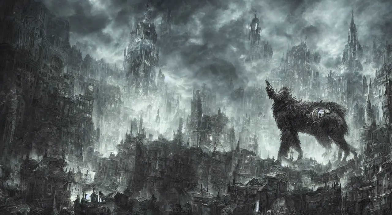 Prompt: a gigantic dog-like dark souls boss trampling the city, large scale, breathtaking, mixed media, digital art, trending on artstation, 8k, epic composition, highly detailed, AAA graphics