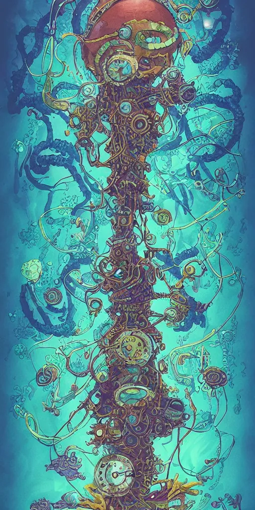 Prompt: a picture of mysterious colourful underwater sea life, being discovered by a man in a steampunk diving suit. water is deep aquamarine coloured. poster art by james jean, concept art, behance contest winner, very detailed, award - winning. lovecraftian, cosmic horror, bioluminescence.