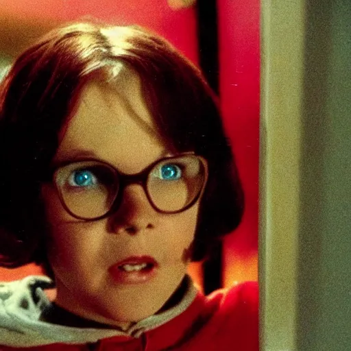 Prompt: movie still photo of Velma Dinkley as Jack Torrance in The Shining