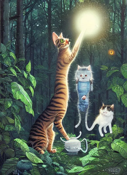 Image similar to a hyper realistic cat meeting an alien. and sunbeams blue sky, lush forest foliage painting by chiara bautista and norman rockwell and greg rutkowski weta studio, and lucasfilm