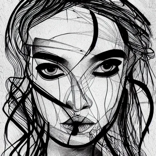 Prompt: a female portrait printed abstract faces in lines, one line artwork print, fashion poster, mini. abstract illustration, abstract sketches, art sketches, art drawings, tattoo sketches, line drawing tattoos, face line drawing, drawing faces, face sketch, blue ink