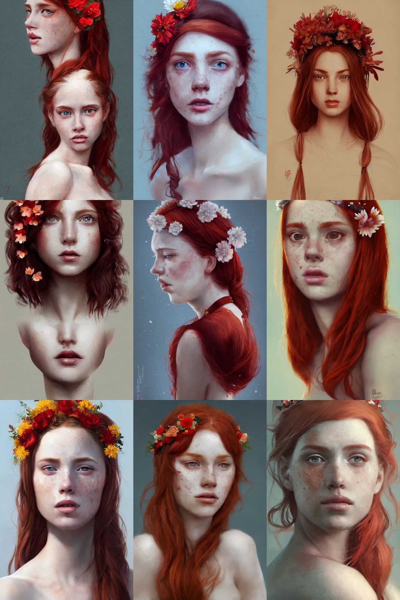 Prompt: A portrait of a beautiful red haired girl with freckles, wearing a flower headpiece, porcelain skin, cinematic lighting, photo realistic, highly detailed, maya, digital painting, artstation, concept art, sharp focus, illustration, by greg rutkowski