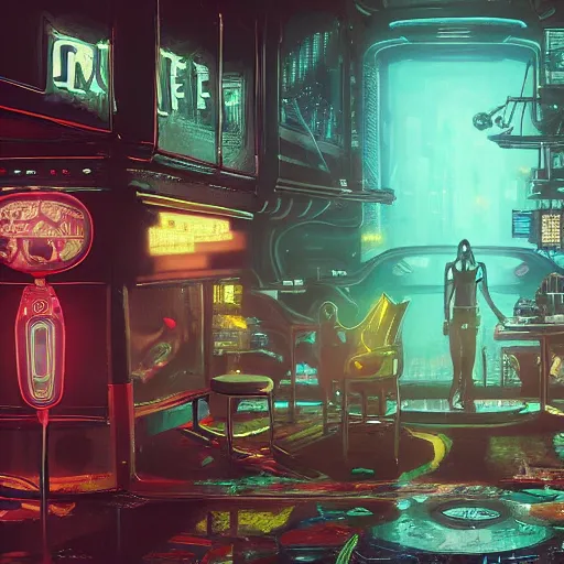 Prompt: an alien drinking inside a club in a cyberpunk city | 5 0 mm | highly detailed | very intricate | cinematic lighting | by asher brown durand and eddie mendoza | featured on artstation