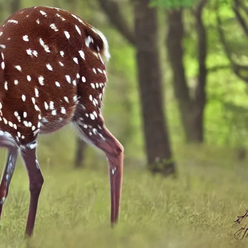 Image similar to a beautiful spotted deer in the woods, canon eos c 3 0 0, ƒ 1. 8, 3 5 mm, 8 k, medium - format print